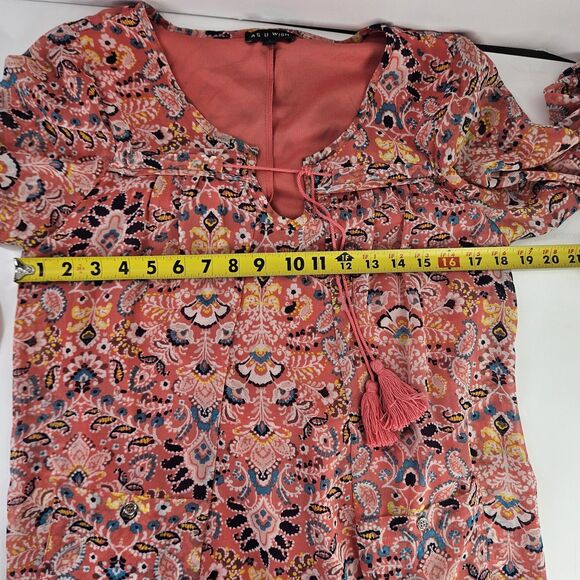 AS U Wish Sz L Peasant Tunic Dress Peach Navy POCKETS Hippie Boho Festival 3/4sl - Picture 16 of 16